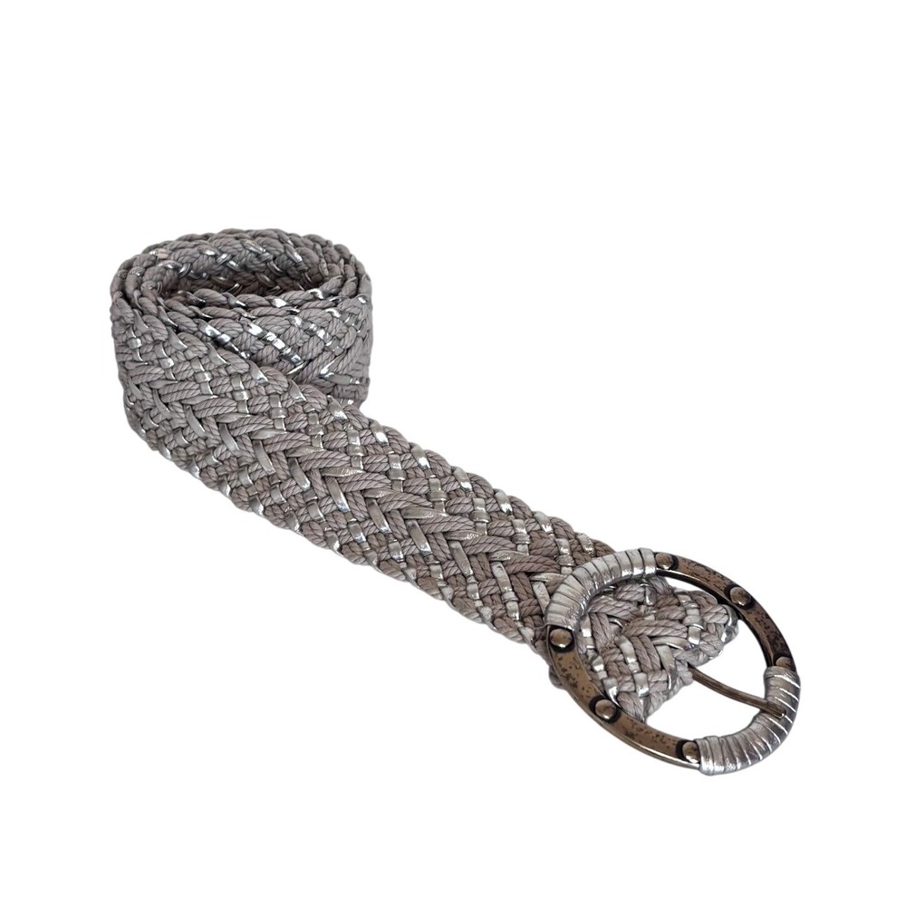 Boho Womens Woven Braided Metallic Belt Size M Tan Gold Festival Soft Girl Indie